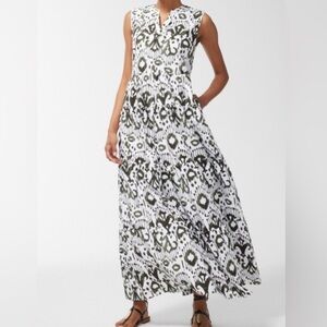 Chico's Ikat Tiered Maxi Dress Size 2 100% Cotton Green White Printed Sleeveless